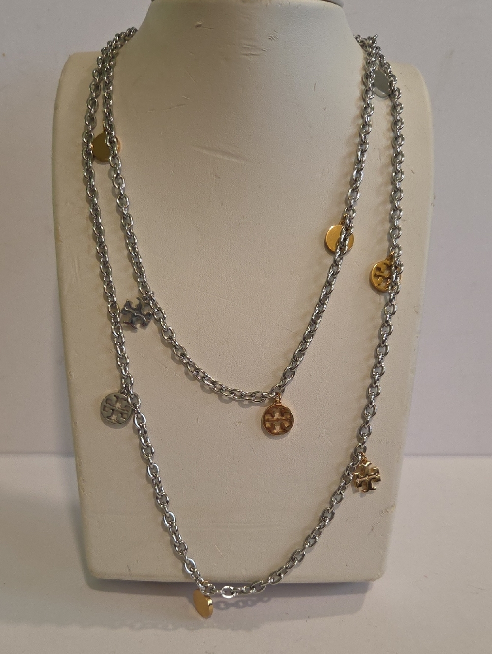 Tory Burch Two-Tone Logo Charm Rosary Necklace in Silver and Gold 20" Long